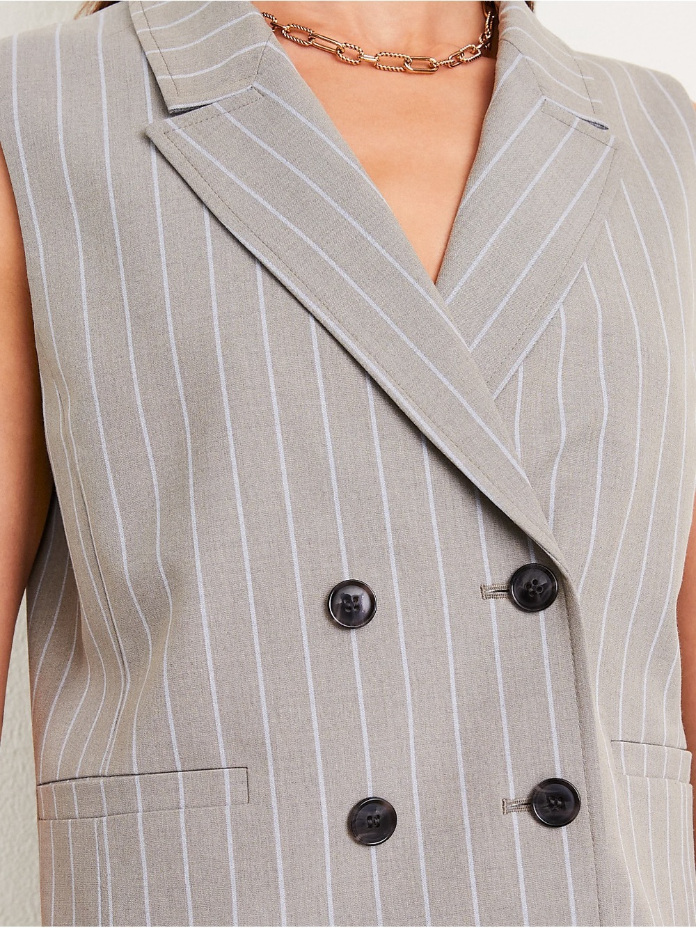 LOFT Sleeveless Pinstripe Double-Breasted Vest in Light Gray
